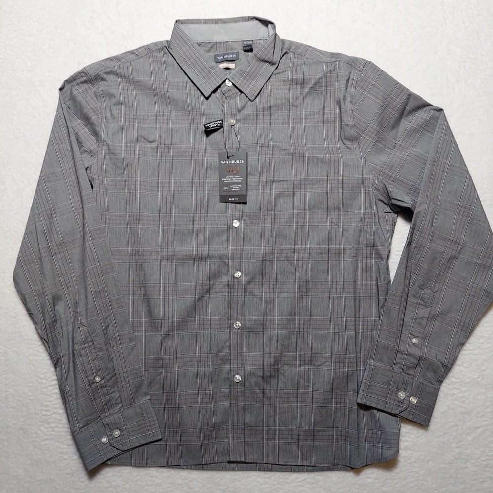 Van Heusen Button Down Mens XL Grey Brand New Stain Shield Slim Fit Plaid Shirt